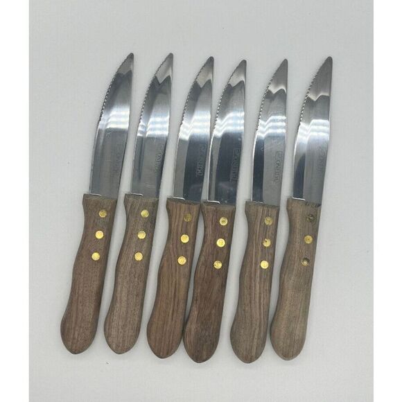 Oneida PIONEER Wood Handle Serrated Steak Knives Stainless Steel Blade Set Of 6 - Picture 1 of 5